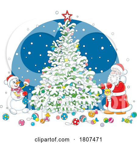 Cartoon Santa Claus and Snowman Decorating a Christmas Tree by Alex Bannykh