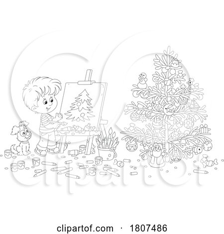 Cartoon Black and White Boy Painting a Christmas Tree by Alex Bannykh
