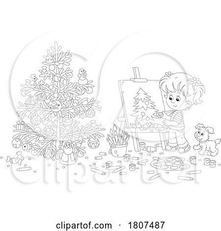 Cartoon Black and White Girl Painting a Christmas Tree by Alex Bannykh