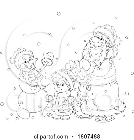 Cartoon Black and White Santa Claus and Snowman with a Boy by Alex Bannykh