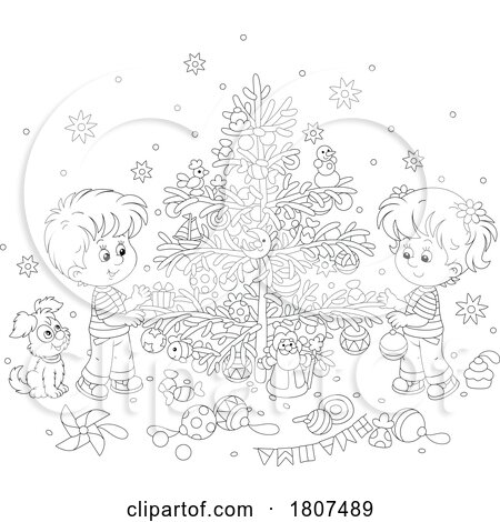 Cartoon Black and White Christmas Children Decorating a Tree by Alex Bannykh