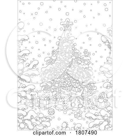Cartoon Black and White Decorated Christmas Tree by Alex Bannykh