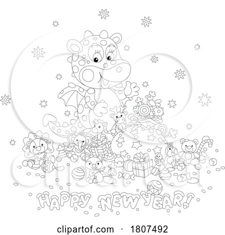 Cartoon Black and White Toys and Happy New Year Greeting by Alex Bannykh