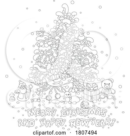 Cartoon Black and White Greeting and Christmas Tree by Alex Bannykh