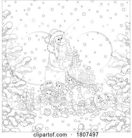 Cartoon Black and White Santa with Gifts in the Snow by Alex Bannykh