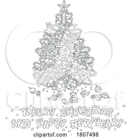 Cartoon Black and White Greeting and Christmas Tree by Alex Bannykh