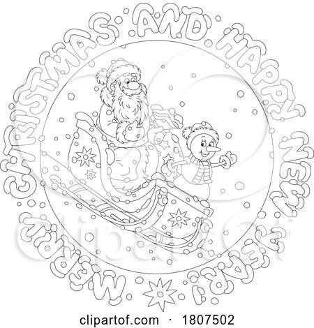 Cartoon Black and White Sledding Snowman and Santa with a Greeting by Alex Bannykh