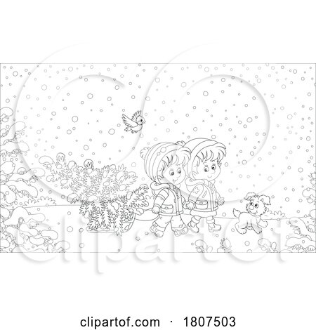 Cartoon Black and White Christmas Children with a Fresh Cut Tree by Alex Bannykh