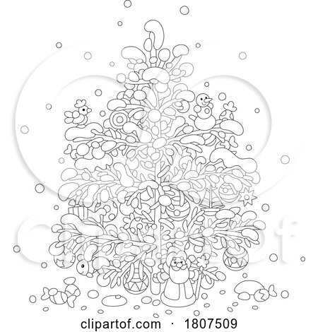 Cartoon Black and White Decorated Christmas Tree by Alex Bannykh