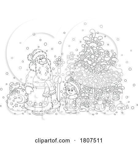 Cartoon Black and White Christmas Santa Claus and Boy by Alex Bannykh