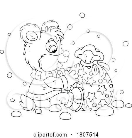 Cartoon Black and White Bear Cub with a Gift by Alex Bannykh