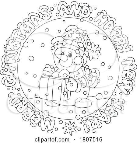 Cartoon Black and White Christmas Greeting and Snowman by Alex Bannykh