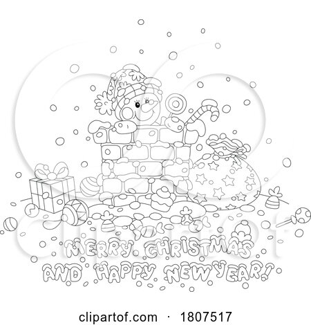Cartoon Black and White Christmas Greeting and Snowman by Alex Bannykh