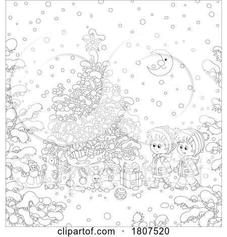 Cartoon Black and White Christmas Children with a Tree by Alex Bannykh