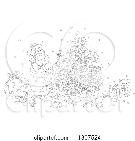 Cartoon Black and White Santa Decorating a Christmas Tree by Alex Bannykh