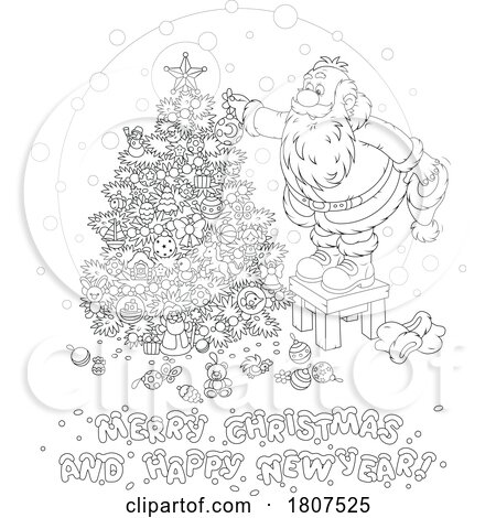 Cartoon Black and White Santa Claus Decorating a Christmas Tree with a Greeting by Alex Bannykh