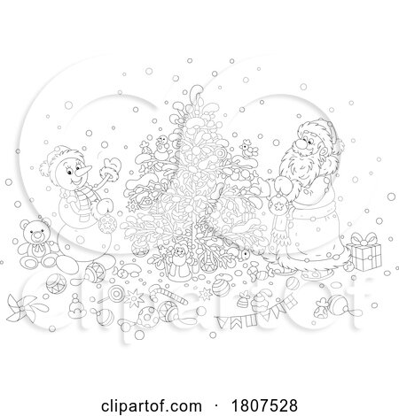 Cartoon Black and White Santa Claus and Snowman Decorating a Christmas Tree by Alex Bannykh