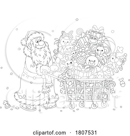Cartoon Black and White Santa Claus Pushing a Shopping Cart with Gifts and Toys by Alex Bannykh