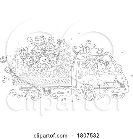 Cartoon Black and White Santa Driving a Christmas Truck with Toys and Gifts by Alex Bannykh