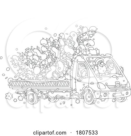Cartoon Black and White Santa Driving a Christmas Truck with a Tree by Alex Bannykh