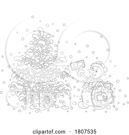 Cartoon Black and White Christmas Winter Snowman Delivering Mail by Alex Bannykh