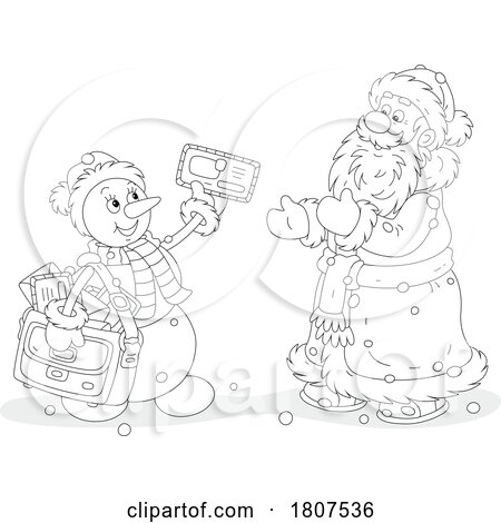 Cartoon Black and White Santa Claus and Snowman Exchanging Christmas Mail by Alex Bannykh