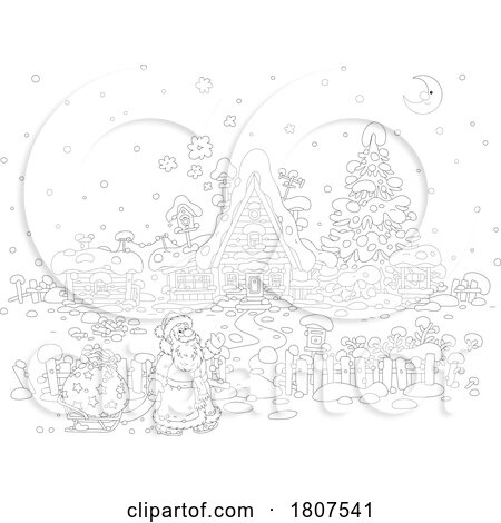 Cartoon Black and White Santa Pulling a Sleigh by a Cottage on Christmas Eve by Alex Bannykh