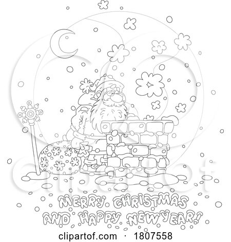Cartoon Black and White Merry Christmas and Happy New Year Greeting with Santa by Alex Bannykh