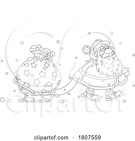 Cartoon Black and White Santa Pulling Christmas Sack on a Sled by Alex Bannykh