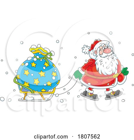 Cartoon Santa Pulling Christmas Sack on a Sled by Alex Bannykh