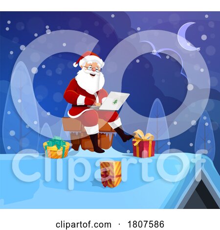 Santa Clause Checking His Email on a Laptop on a Roof Top by Vector Tradition SM