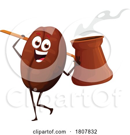 Coffee Bean Food Mascot Carrying a Turkish Cezve by Vector Tradition SM