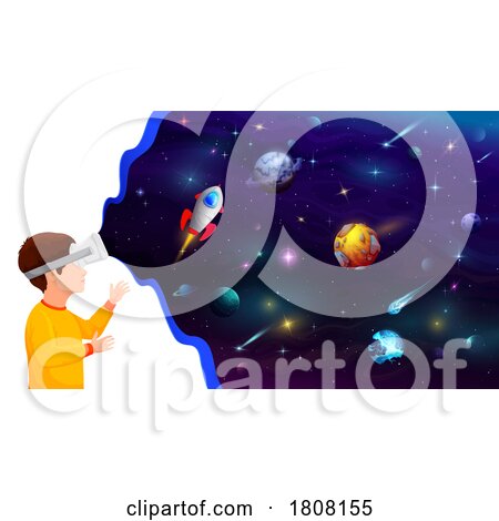 School Boy Using VR Goggles to Learn About Outer Space by Vector Tradition SM