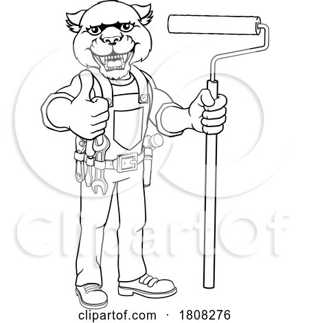 Panther Painter Decorator Paint Roller Mascot Man by AtStockIllustration