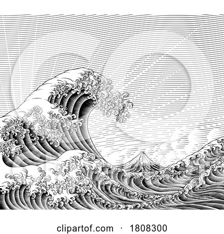 Great Wave Vintage Japanese Engraved Woodcut Style by AtStockIllustration