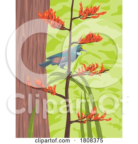 Chatham Island Tui Bird Native Perching on New Zealand Flax Art Deco WPA Poster Art by patrimonio