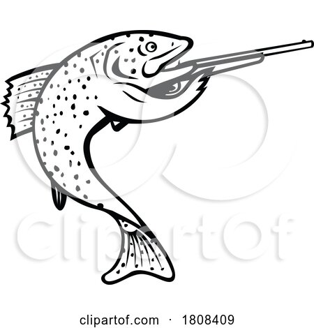 Rainbow Trout Aiming Shotgun Rifle Side View Cartoon Mascot Retro by patrimonio