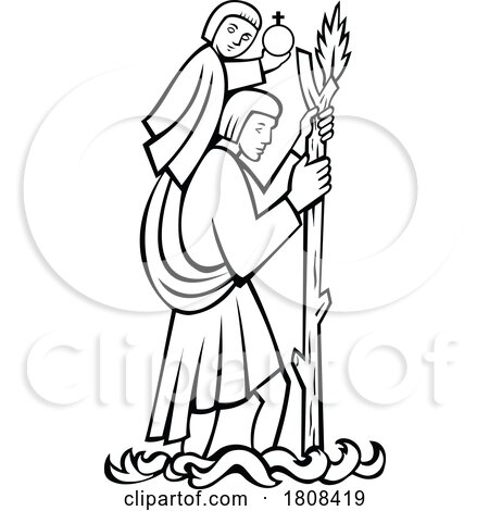 Saint Christopher Carrying the Christ Child Medieval Line Art by patrimonio