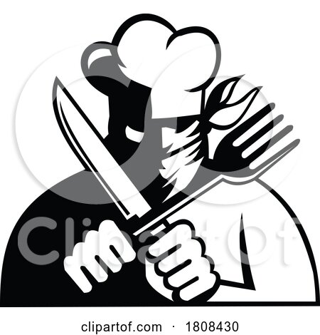 Chef Cook Baker Bandit Wearing Face Mask Holding Knife and Fork Front View Mascot by patrimonio