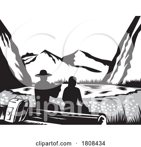 Male and Female Hiker Tramper Sitting on Log Reading with Backpack Woodcut by patrimonio