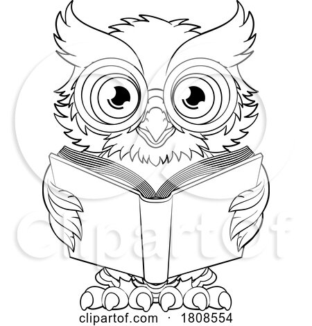 Wise Old Owl Cartoon Cute Character Reading Book by AtStockIllustration