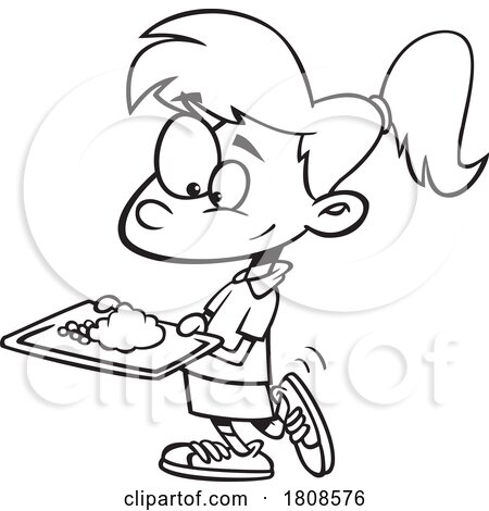 Cartoon Outline School Girl Carrying a Cafeteria Lunch Tray by toonaday
