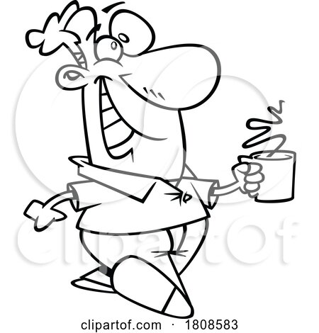 Cartoon Outline Man Walking Happily with a Cup of Coffee by toonaday