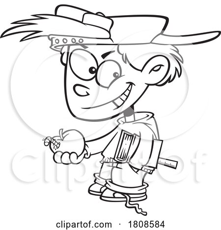 Cartoon Outline Mischievous School Boy Holding an Apple with a Worm by toonaday