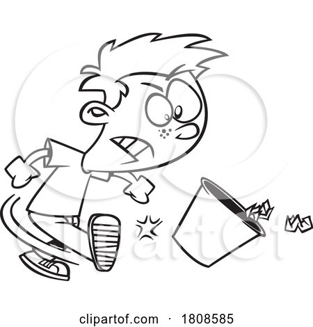 Cartoon Outline Mad Boy Kicking a Trash Can by toonaday