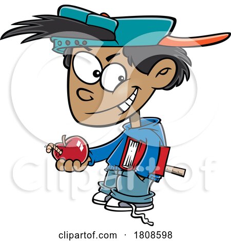 Cartoon Mischievous School Boy Holding an Apple with a Worm by toonaday