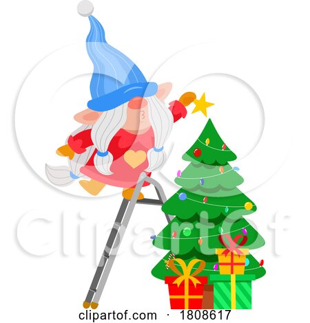 Cartoon Christmas Gnome Putting a Star on a Tree by Hit Toon