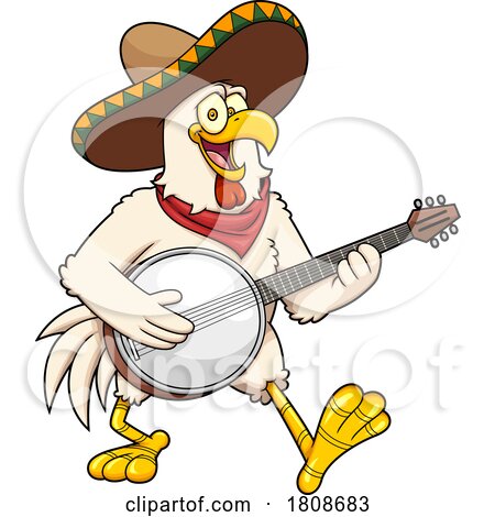 Cartoon Mexican Rooster Chicken Mascot Playing a Banjo by Hit Toon