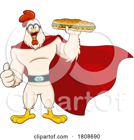 Cartoon Super Rooster Chicken Mascot Character with a Sandwich by Hit Toon