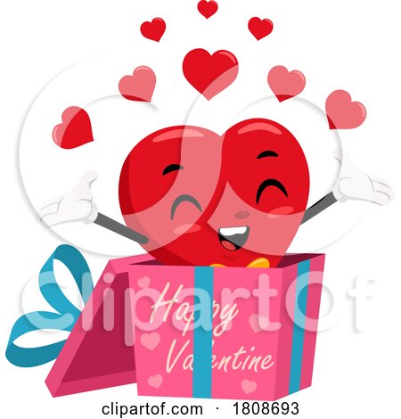 Cartoon Valentines Day Heart Mascot Popping out of a Gift Box by Hit Toon